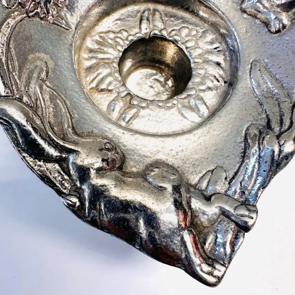 Vintage Arthur Court Heart Pewter Tapered Candlestick Holder Bunny Rabbit